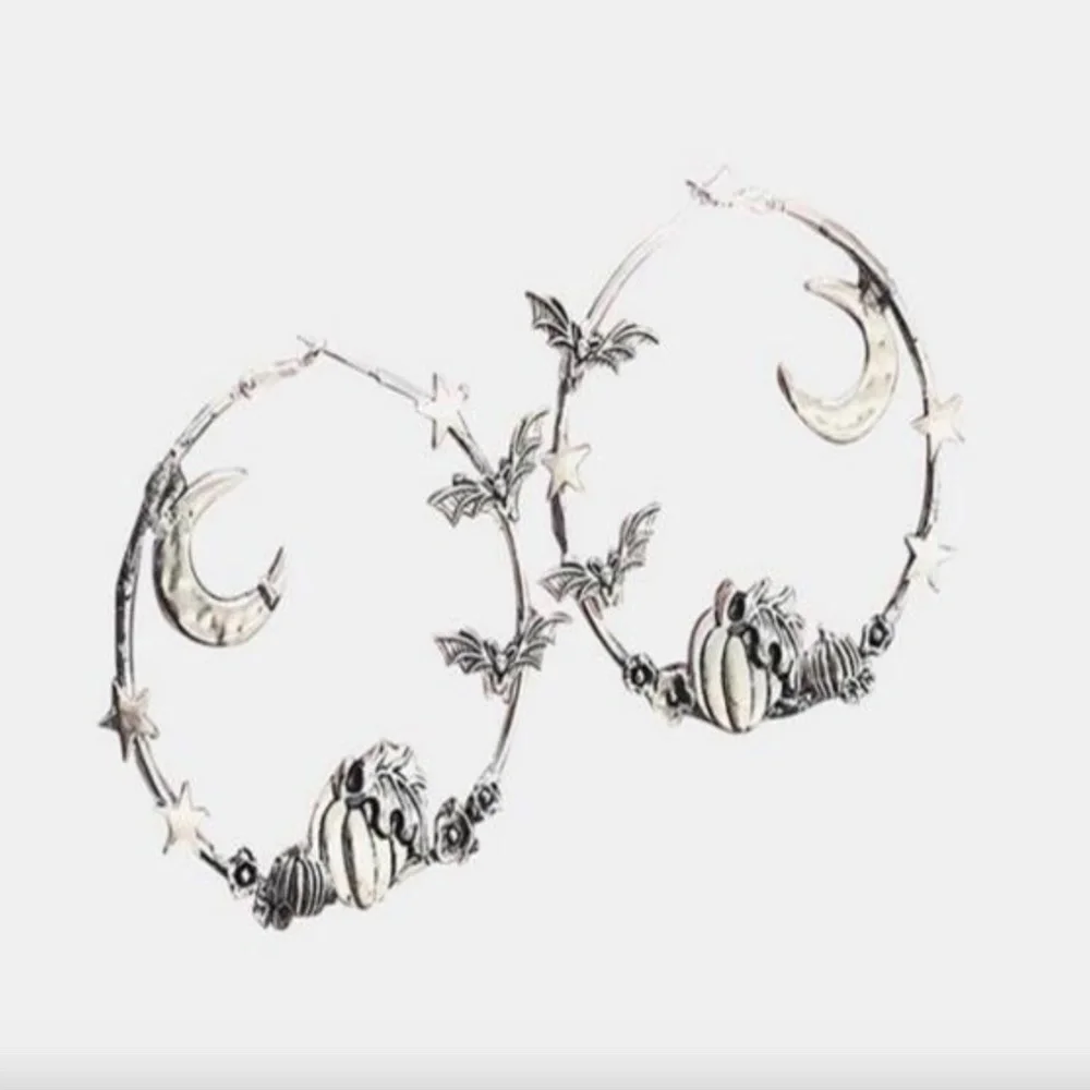 Silver Hoop‎ Earrings Moon Stars Bats Pumpkins Goth Halloween Witch Whimsygoth